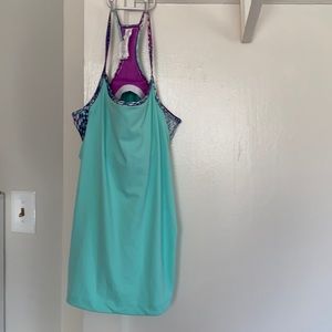 Fabletics - tank top built in bra. Aqua with purple pattern. GUC. Size medium.